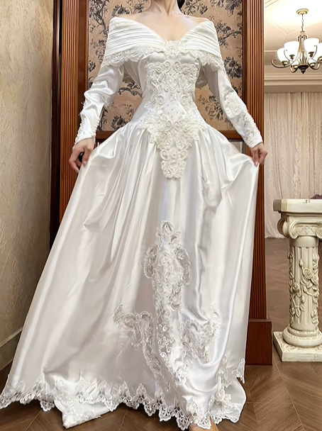 White Vintage Satin Long Train Wedding Prom Dress, Off‑the‑Shoulder Pleated Cape V‑Neck, Lace Embroidered Long Sleeves, Baroque Lace Appliqués gh8716