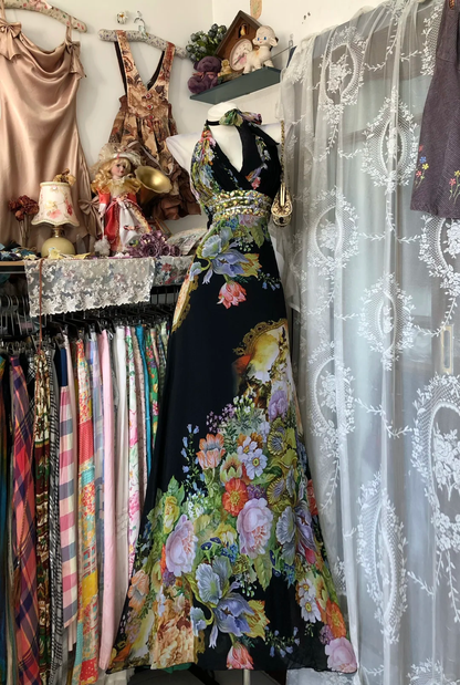 Luxury Black Base Vintage Print Halter Fitted Waist Long Prom & Evening Party Dress gh8472