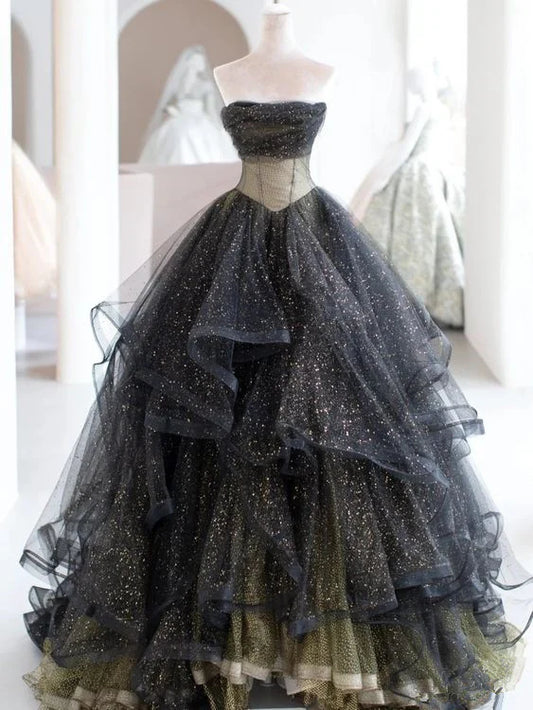 Black gold shiny elegant long tulle ball gown evening gown graduation dress beauty pageant dress gh2609