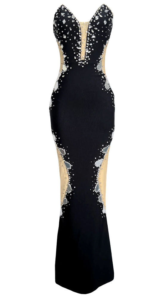 Schwarzes, glamouröses langes Abendkleid mit exquisiter Perlenstickerei gh6877