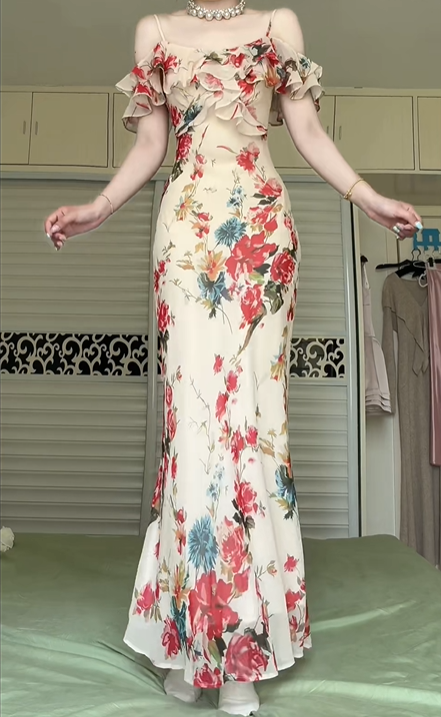 Vintage Floral Print Off‑Shoulder Spaghetti Strap Mermaid Evening Gown, Ruffle Neck Flowy Chiffon Formal Prom Dress gh9009