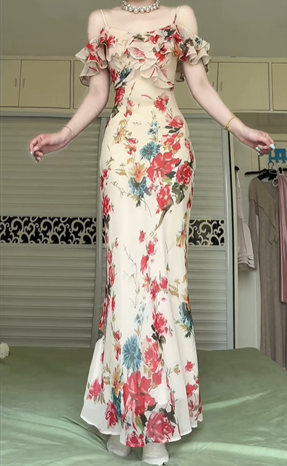 Vintage Floral Print Off‑Shoulder Spaghetti Strap Mermaid Evening Gown, Ruffle Neck Flowy Chiffon Formal Prom Dress gh9009