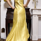 Golden Yellow Vintage Halter Strapless Prom Gown, Twisted Ruched Fitted Bodice, Ornament‑Button Knotted Draped Ruffle Mermaid Skirt, Lustrous Satin Asymmetrical Floor‑Length Evening Prom Dress gh8795