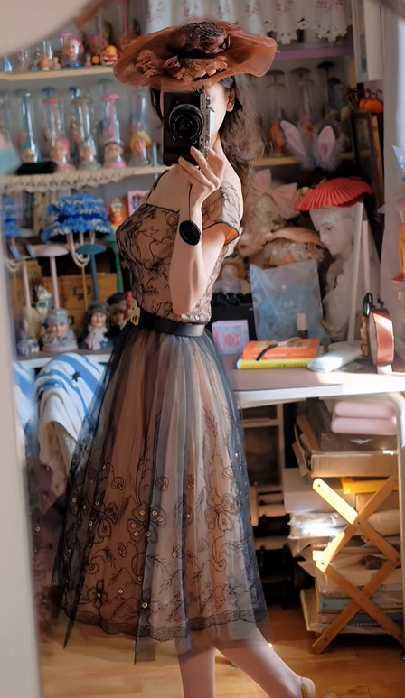 Elegant Nude Base Black Lace Square Neck Fitted Waist Flared Skirt Prom & Evening Party Dress gh8502