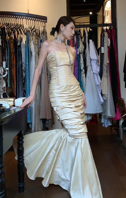 Champagne Satin Strapless Mermaid Evening Gown Beaded Bodice Ruched Skirt Long Prom Dress gh9722