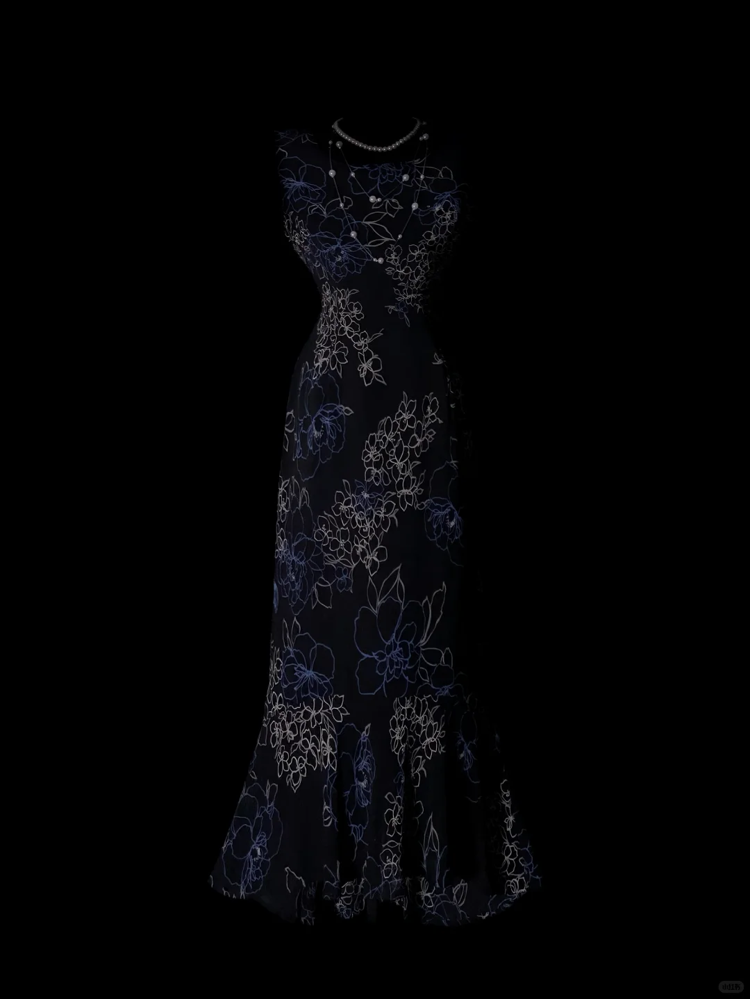 Black Evening Gown With Blue‑White Line Floral Print, Sleeveless Round Neck, Fitted Waist, Midi Mermaid Ruffled Hem, Vintage Formal Prom Party Dress gh8894