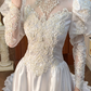 White Vintage Satin Wedding Ball Gown, Tassel Fringe Illusion High Neck Over Sweetheart Neck, Puff Long Sleeves With Sheer Lace Lower Arms, Heavy Lace Beaded Appliqué Pointed Waist, Voluminous A‑Line Skirt With Scalloped Lace Hem, Prom Dress gh8653