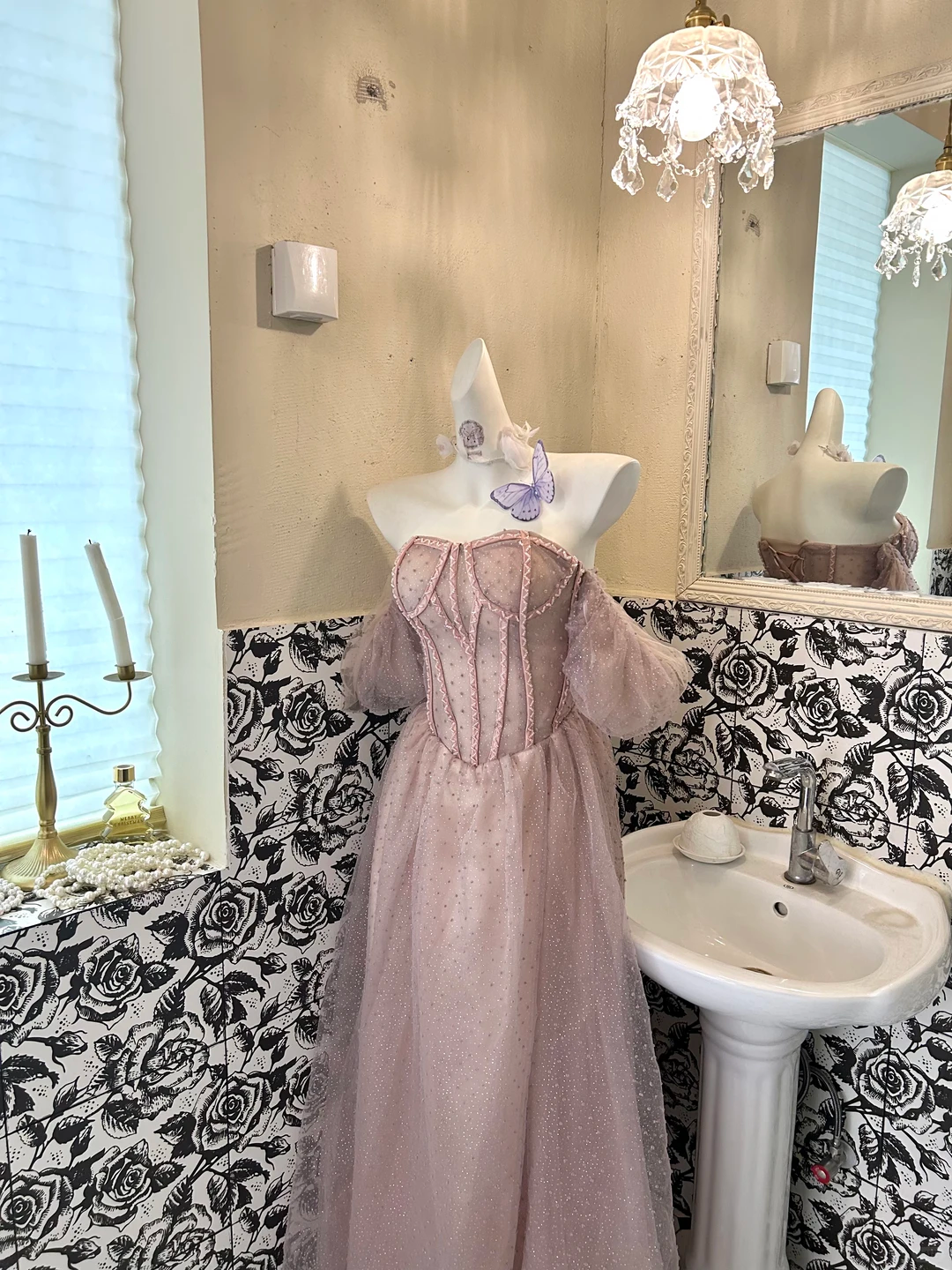 Light Pink Soft Off-the-Shoulder Waist-Cinched Boned Slimming Romantic Dress, Wedding Gown gh7753