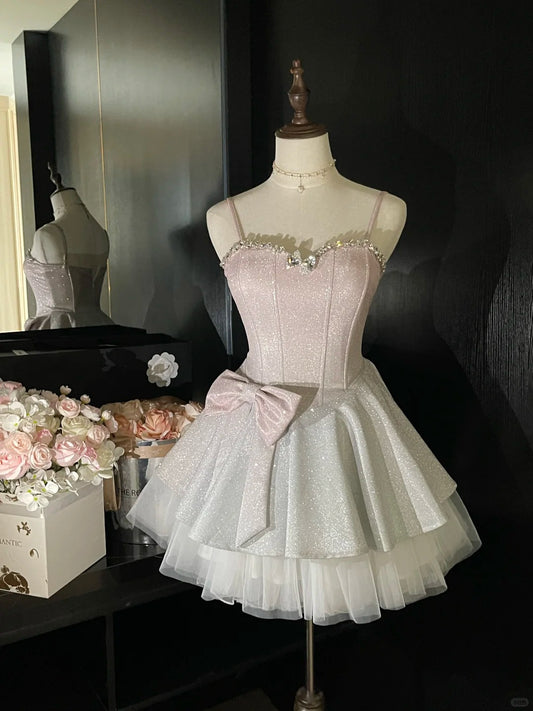 Pink Sparkle Princess Barbie Short Satin Homecoming Dress Prom Gown gh4631