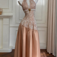 girlhomeshops-Vintage Lace Jacquard Halter Evening Dress, Long Sleeveless Elegant Party Gown gh5902