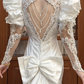 White Vintage Satin Mermaid Wedding Gown, V‑Neck Big Puff Short Sleeves, Sheer Lace Embroidered Long Sleeves, Full‑Body Lace Appliqués Fitted Mermaid Silhouette, Multi‑Layer Ruffle Tiered Mermaid Skirt, Prom & Wedding Dress gh8670