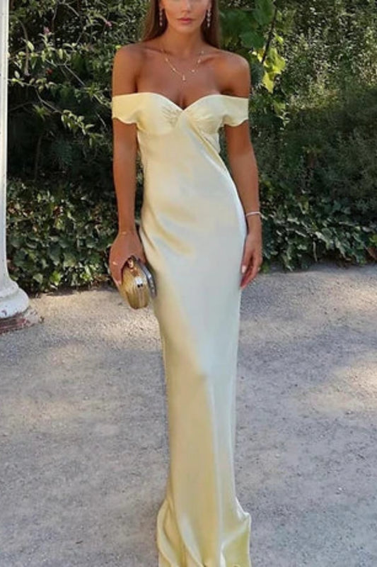 girlhomeshops--Wedding Guest Dress Yellow Stylish Simple Long Satin Prom Dress gh5630