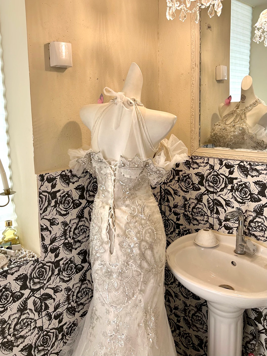 White Halter Wedding Gown with Silver Embellishments, Cinched Waist, Slim Fit Sexy Mermaid Skirt Romantic Dress gh7610