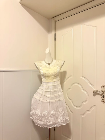 Off‑White Vintage Short Cocktail Dress, Sleeveless Mesh Embroidered Neck Lace Bodice Tiered Skirt Homecoming Party Gown gh9178