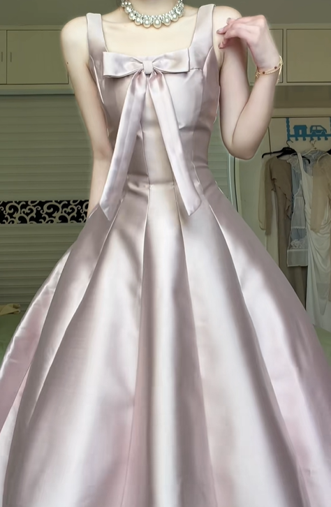 Dusty Pink Square Neck Satin Long Evening Gown, Front Bow A‑Line Formal Prom Dress gh9031