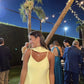 Robe de soirée longue en mousseline de soie à volants et bretelles spaghetti jaune élégante gh3382