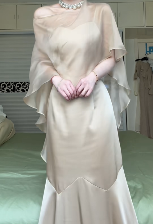 Champagne Satin Spaghetti Strap Long Evening Gown, Sweetheart Neck Mermaid Formal Prom Dress gh9032