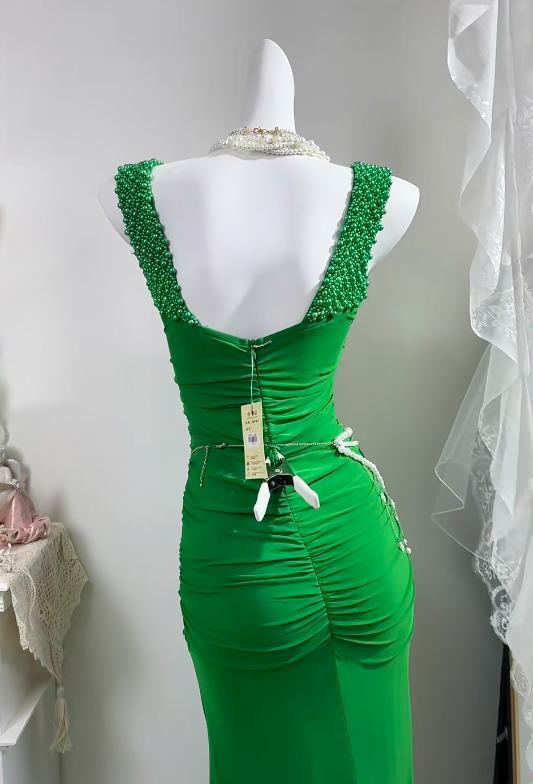 Green Cowl Neck Mermaid Long Evening Gown, Beaded Strap Ruched Formal Prom Dress gh9283