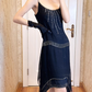 Black Vintage Gatsby‑Style Spaghetti‑Strap Midi Evening Dress, U‑Neck, Radiant Silver‑Grey Hand‑Beaded Bodice, Multi‑Row Beaded Waistband, Asymmetrical Double‑Layer Chiffon Hem, 1920s Flapper Party Gown gh8831