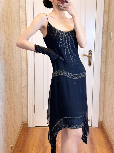 Black Vintage Gatsby‑Style Spaghetti‑Strap Midi Evening Dress, U‑Neck, Radiant Silver‑Grey Hand‑Beaded Bodice, Multi‑Row Beaded Waistband, Asymmetrical Double‑Layer Chiffon Hem, 1920s Flapper Party Gown gh8831