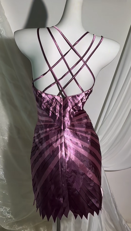 Sexy Plum V Neck Short Prom & Evening Party Dress, Double Spaghetti Straps, Pleated Satin Bodycon Silhouette gh8546