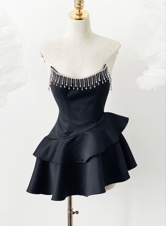 ✨Girlhomeshops🔥Robe de soirée courte en satin à volants et perles rouge/noir gh4983
