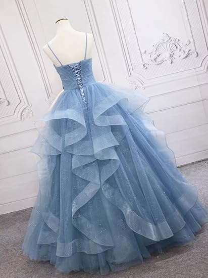 Green/blue long shiny elegant spaghetti straps long ruffled organza ball gown evening dress quinceanera dress gh903