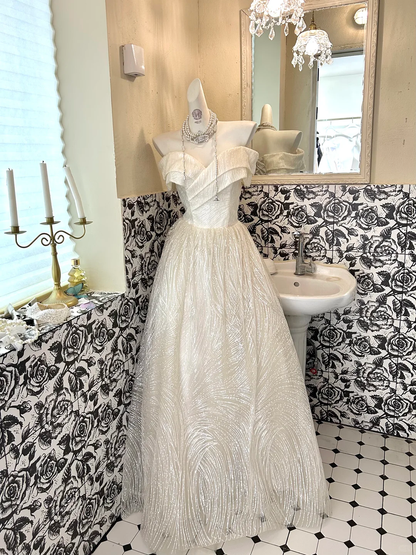 Ivory Stylish Off-the-Shoulder Waist-Cinched Full Flared Skirt Romantic Dress, Wedding Gown gh7616