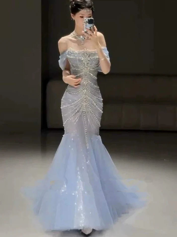 Wunderschönes, glänzendes, schulterfreies, exquisites, mit Perlen verziertes, langes Tüll-Meerjungfrauen-Kleid mit schmalem Fischschwanzrock, Ballkleid, formelles Abendkleid, Hochzeitskleid gh3559
