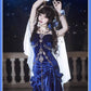 Robe de soirée élégante et délicate, bleu/bordeaux, bretelles spaghetti, longue, volantée, en velours, gh4169
