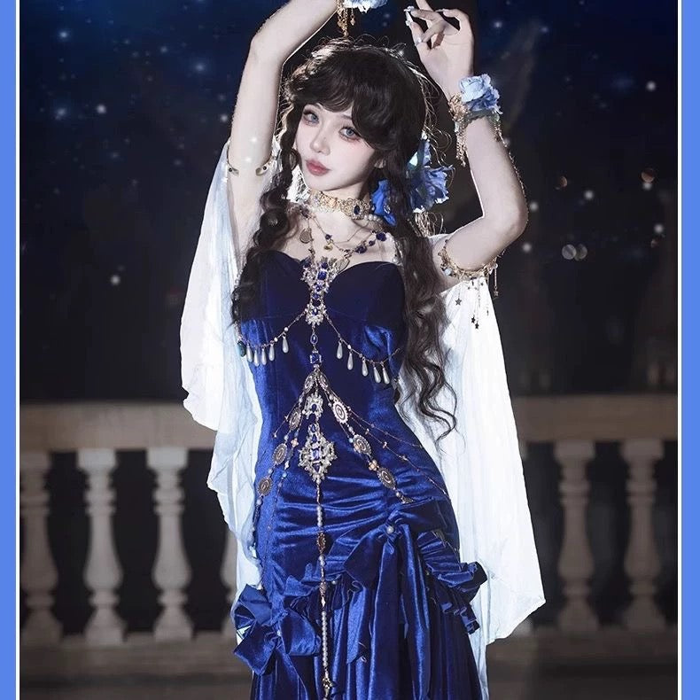 Robe de soirée élégante et délicate, bleu/bordeaux, bretelles spaghetti, longue, volantée, en velours, gh4169