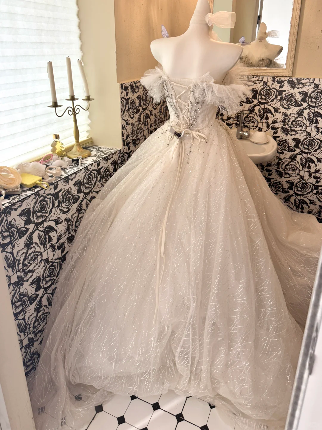 Ivory Strapless Gown with Silver Decorations, Cinched Waist, Voluminous Skirt, Long Romantic Dress, Wedding Gown gh7792
