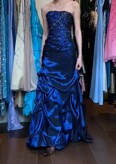 Navy Blue Vintage Prom Dress Strapless Hand Beaded Ruched Layered Ruffle Satin Long Evening Gown gh9625