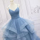 Green/blue long shiny elegant spaghetti straps long ruffled organza ball gown evening dress quinceanera dress gh903