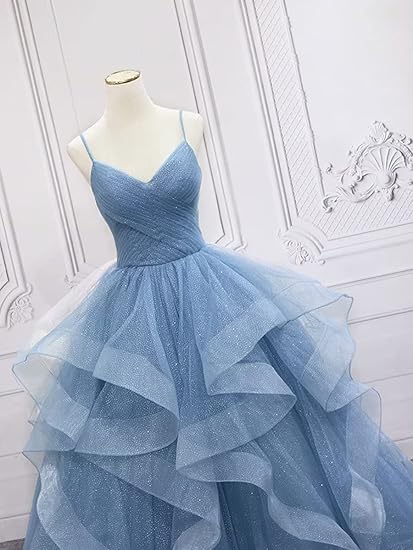 Green/blue long shiny elegant spaghetti straps long ruffled organza ball gown evening dress quinceanera dress gh903