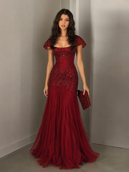 ✨Girlhomeshops-Burgundy Square Neck Sequin Mermaid Evening Gown gh10158