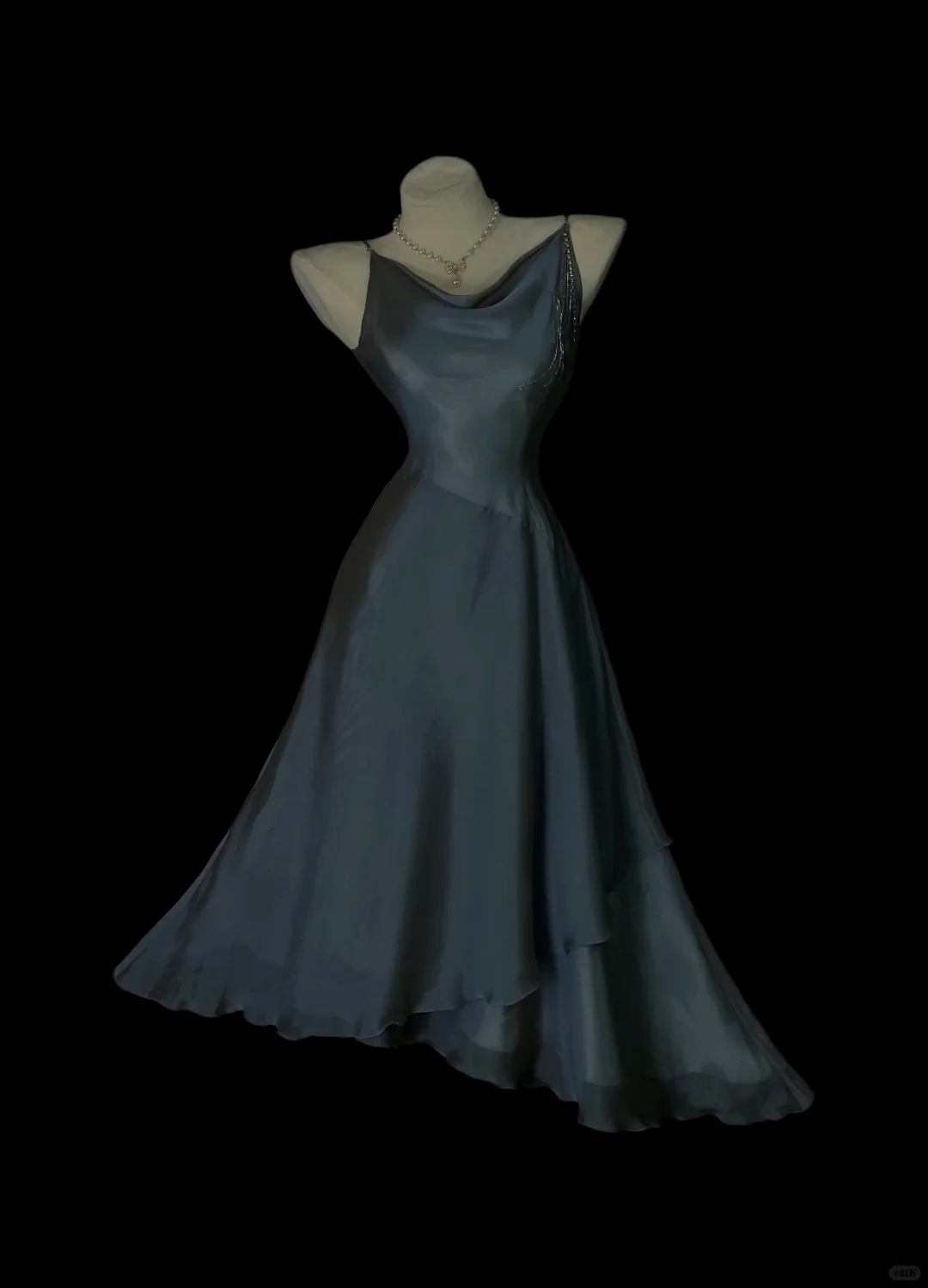 Dusty Blue Satin Slip Midi Gown, Cowl Draped Neckline, One‑Shoulder Tassel Rhinestone Fringe Detail, High Fitted Waist, Asymmetrical Tiered Flowy Midi Skirt, Retro Cold‑Tone Prom Evening Photoshoot Dress gh8872