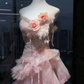 Light Pink Strapless Waist-Cinched Floral Long Evening Dress, Fairy Gown, Romantic Gown gh7371