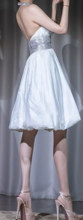 ✨Girlhomeshops-White Halter Beaded Short Prom Gown with Bubble Skirt Evening Dress gh10116