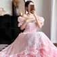 Pink‑Vintage‑Ball‑Gown Square‑Neck‑Puff‑Sleeves White‑Lace‑Appliqué‑Bodice Satin‑Voluminous‑Princess‑Skirt 3D‑Lace‑Bow‑Details Rococo‑Prom‑Bridal‑Evening‑Dress gh8850