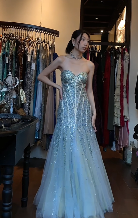 Strapless Sweetheart Ombre Blue Mermaid Evening Gown Beaded Rhinestone Tulle Long Prom Dress gh9681