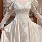 Ivory Vintage Satin Wedding Prom Dress, Square‑V Neck, Leg‑of‑Mutton Puff Sleeves, Lace Appliqués, A‑Line Scalloped Lace Long Train gh8673