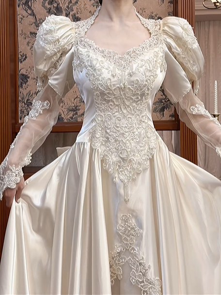 Ivory Vintage Satin Wedding Prom Dress, Square‑V Neck, Leg‑of‑Mutton Puff Sleeves, Lace Appliqués, A‑Line Scalloped Lace Long Train gh8673