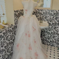 White Strapless Cinched Waist Pink Printed Full Flared Skirt Long Romantic Dress, Wedding Gown gh7822