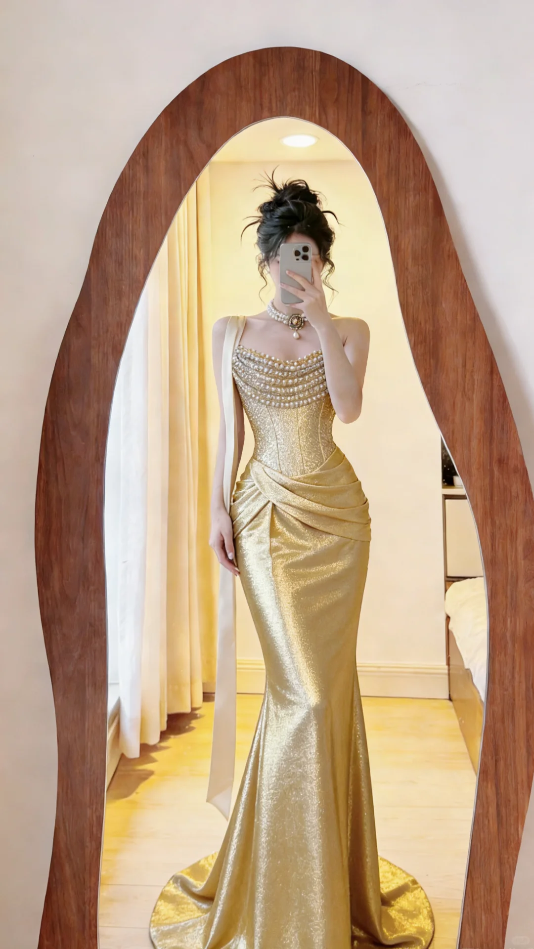 ✨Girlhomeshops-Gold Pearl Beaded One Shoulder Mermaid Prom Dress gh10422