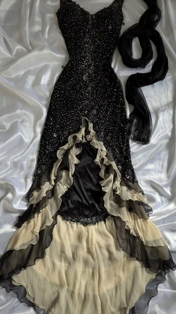 Black shiny elegant ruffle tulle long sequined ball gown prom dress evening gown gh3141