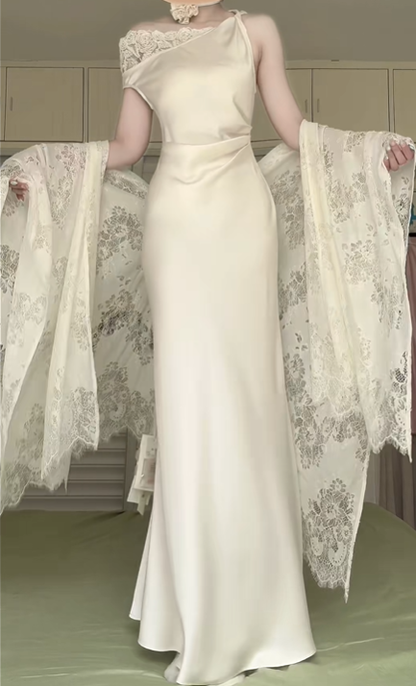 Off‑White Satin Asymmetrical One‑Shoulder Mermaid Evening Gown, Lace Trim With Floral Lace Shawl Formal Prom Dress gh9003