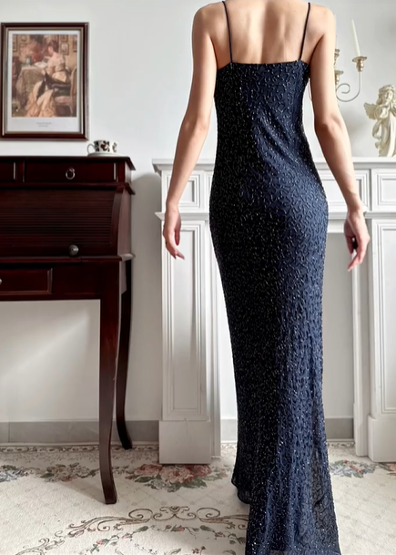 Navy Blue Vintage Spaghetti‑Strap Cowl Neck Prom Gown, All‑Over Hand‑Beaded Sequins, Fitted Waist Bodycon Mermaid Long Dress, Evening Prom Dress gh8807
