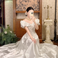 White Satin Vintage Embroidered Fitted Waist Figure‑Flattering Full Flared Skirt Prom Gown, Wedding Dress gh8606