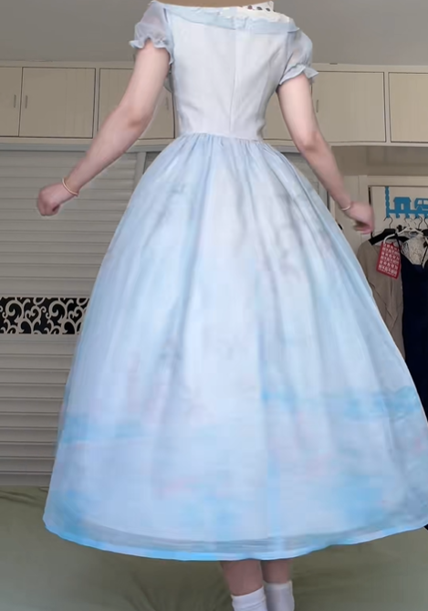 Light Blue Gradient Lolita Court‑Style Long Evening Gown, Square Neck Lace Ruffle Puff Sleeve Corset Lace‑Up Ball Prom Dress gh8996